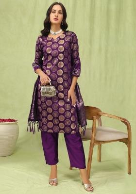 Purple Woven Cotton Blend Salwar Kameez With Dupatta