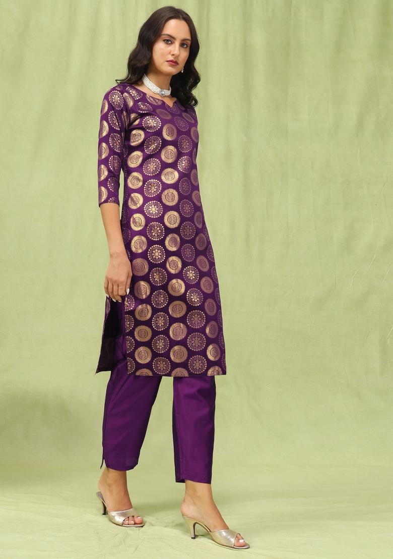 Purple Woven Cotton Blend Salwar Kameez With Dupatta