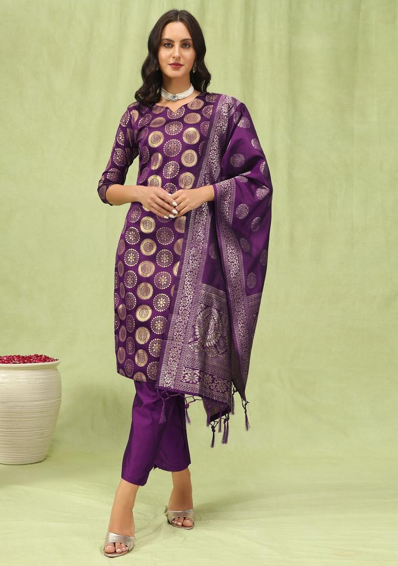 Purple Woven Cotton Blend Salwar Kameez With Dupatta