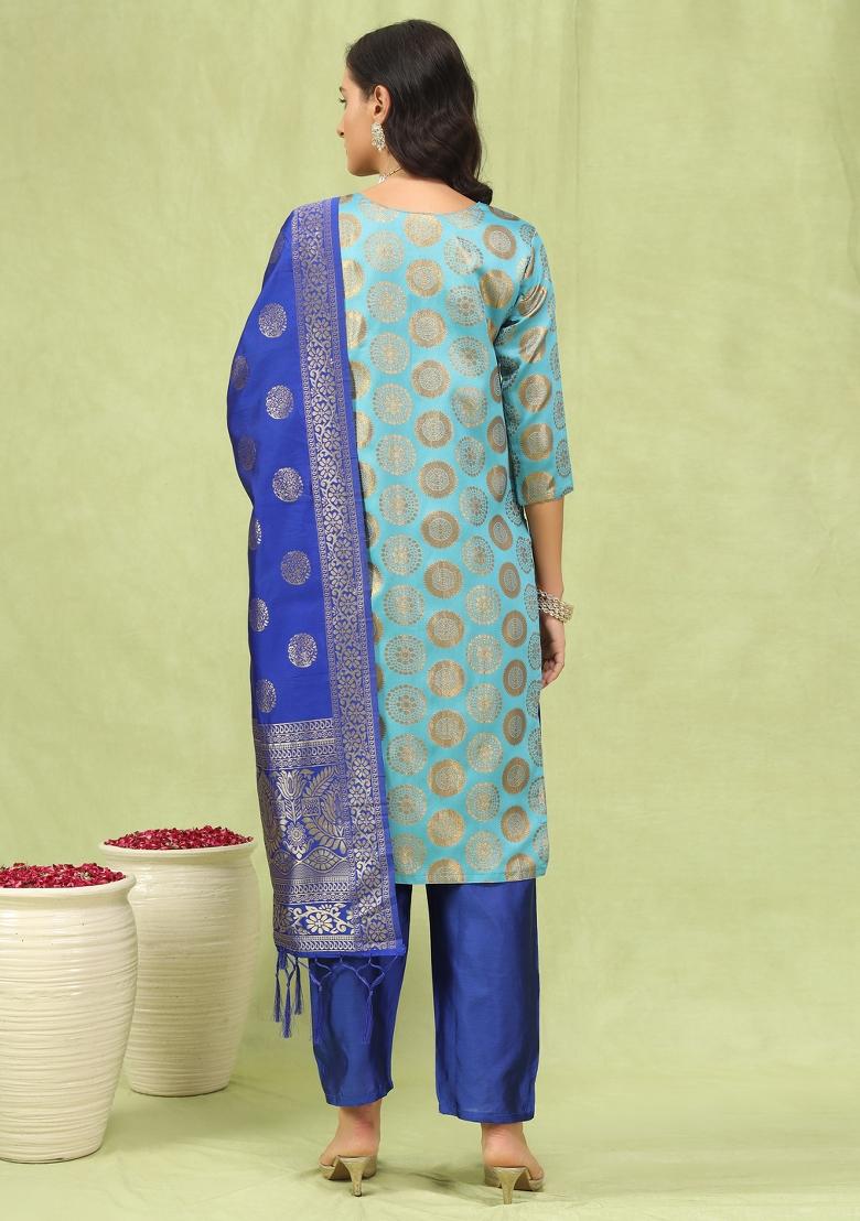 Sky Blue Woven Cotton Blend Salwar Kameez With Dupatta