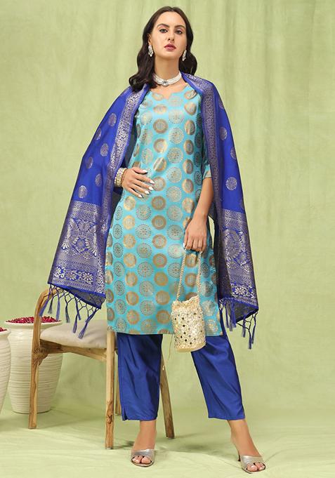 Sky Blue Woven Cotton Blend Salwar Kameez With Dupatta