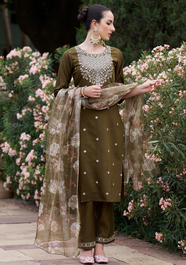 Mehendi Green Embroidered Viscose Salwar Kameez With Dupatta