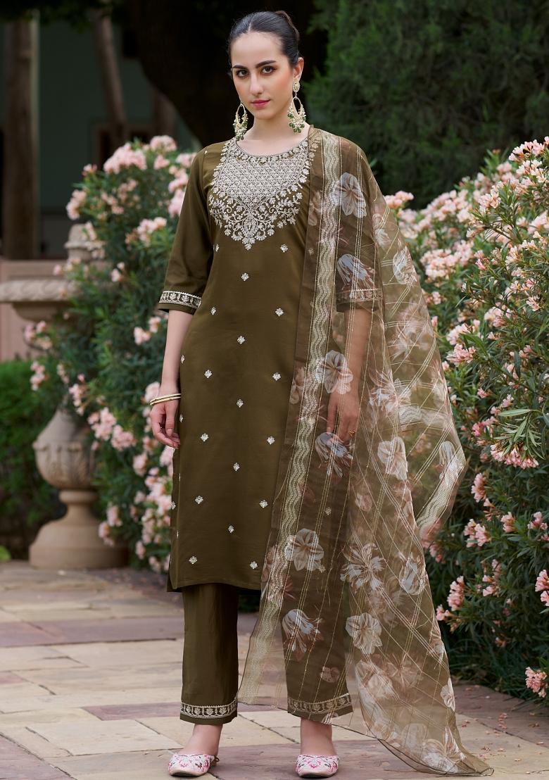 Mehendi Green Embroidered Viscose Salwar Kameez With Dupatta