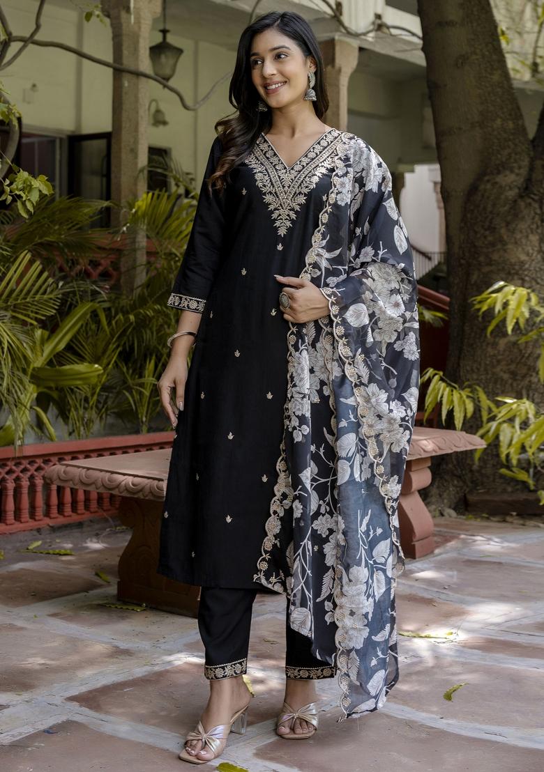 Black Embroidered Viscose Salwar Kameez With Dupatta