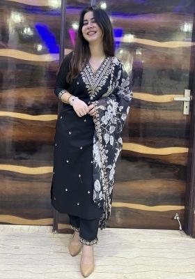 Black Embroidered Viscose Salwar Kameez With Dupatta