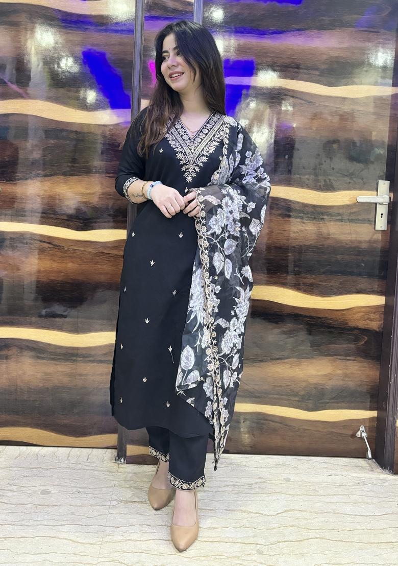 Black Embroidered Viscose Salwar Kameez With Dupatta
