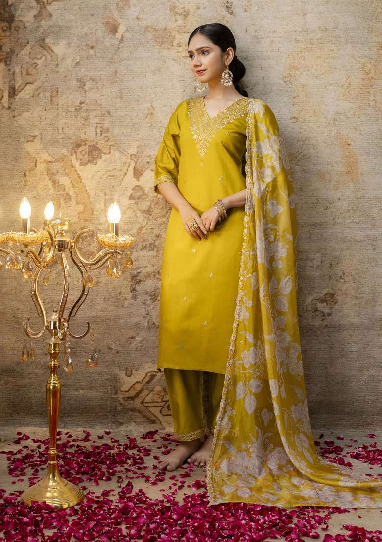 Lemon Yellow Embroidered Viscose Straight Kurta Set - Indya
