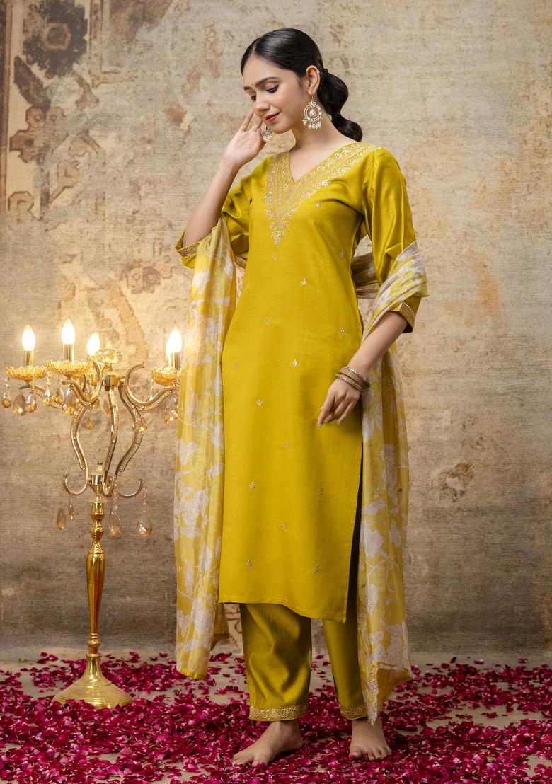 Lemon Yellow Embroidered Viscose Salwar Kameez With Dupatta