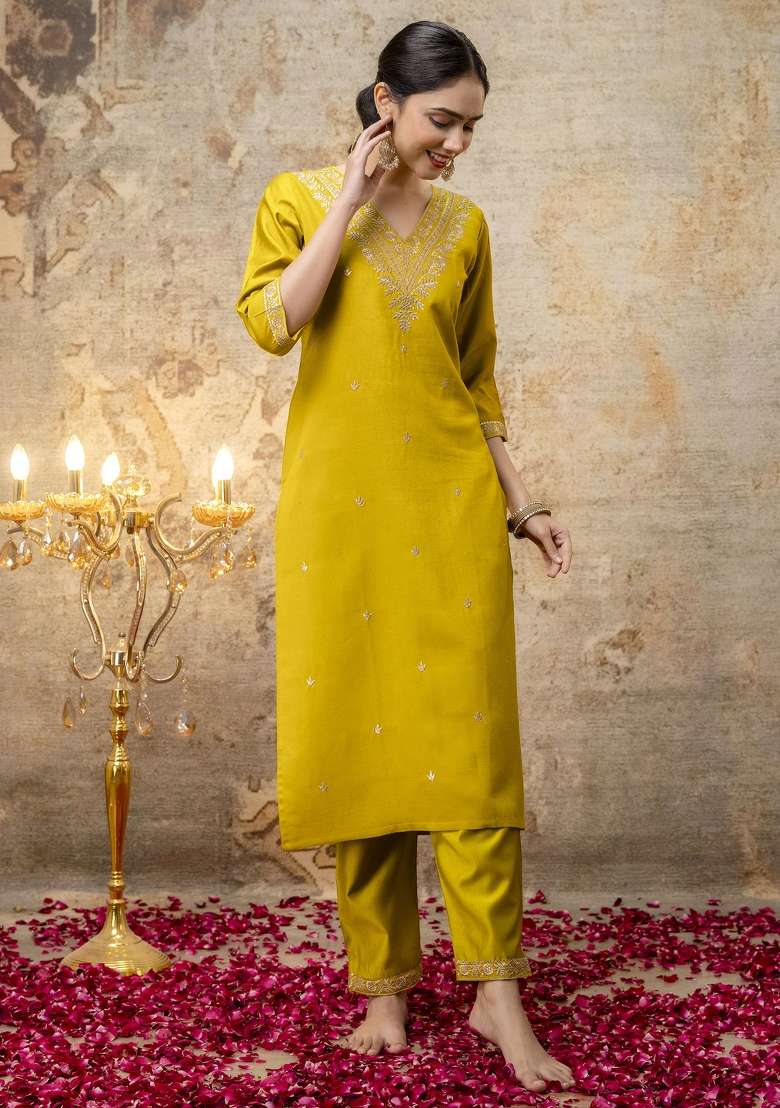Lemon Yellow Embroidered Viscose Straight Kurta Set - Indya