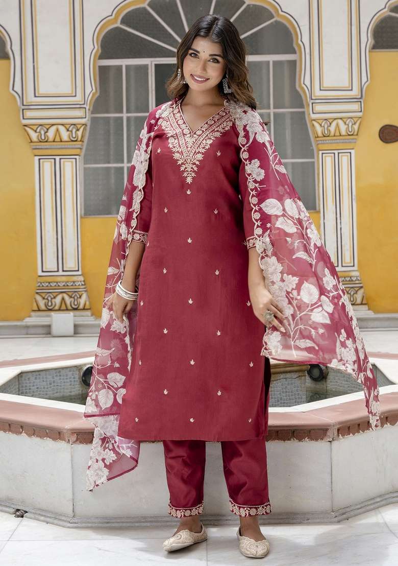 Maroon Embroidered Viscose Straight Kurta Set - Indya