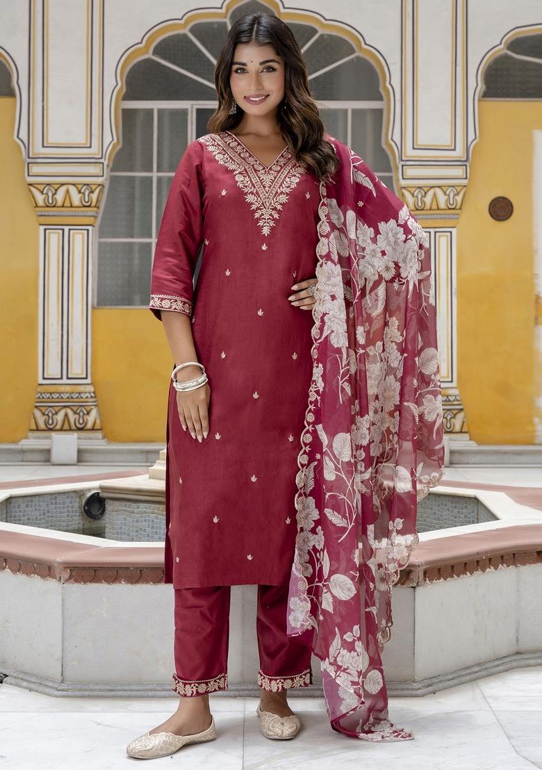 Maroon Embroidered Viscose Salwar Kameez With Dupatta