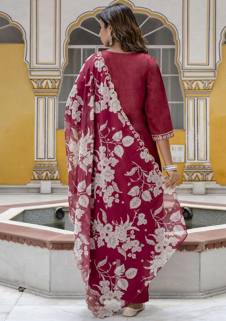 Maroon Embroidered Viscose Straight Kurta Set - Indya