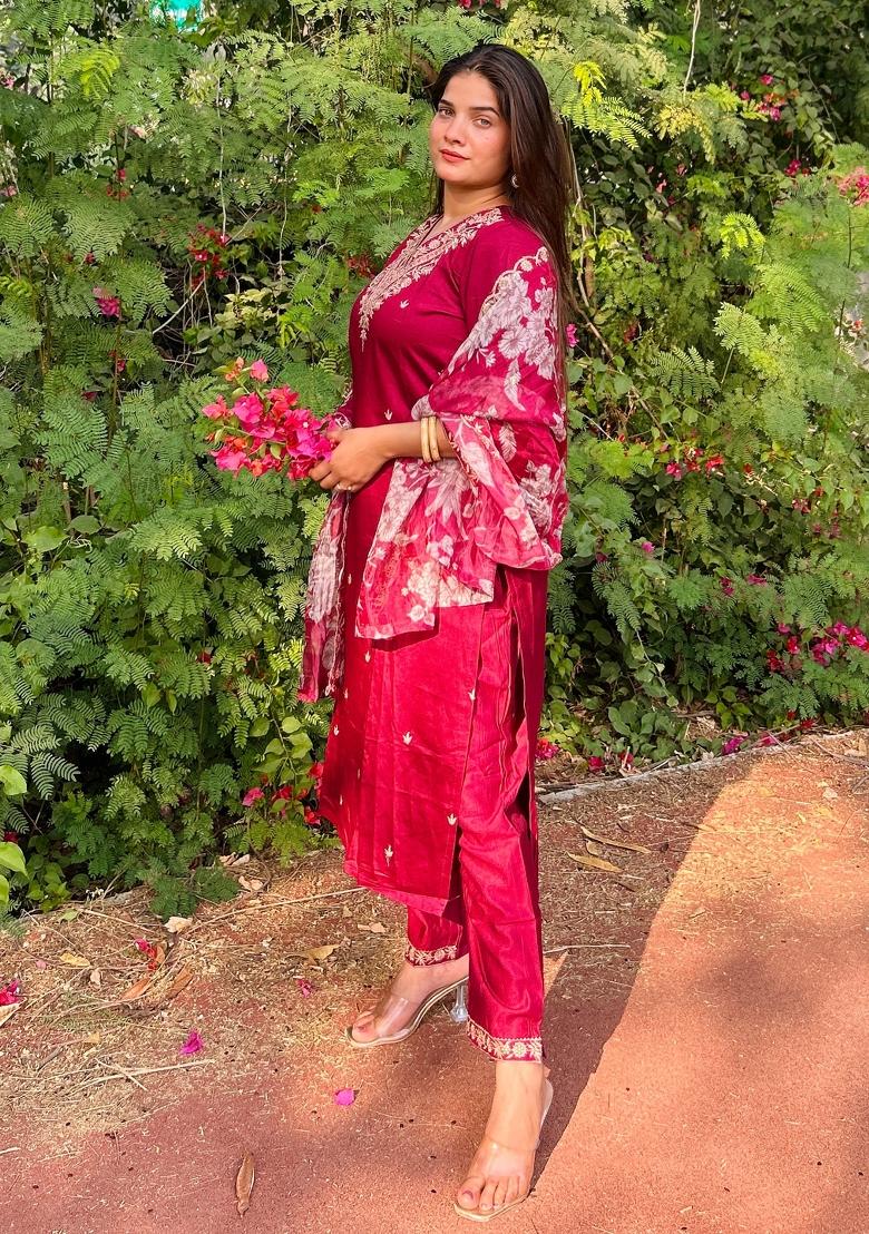 Maroon Embroidered Viscose Salwar Kameez With Dupatta
