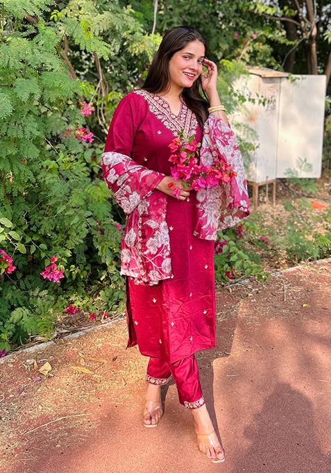 Maroon Embroidered Viscose Salwar Kameez With Dupatta