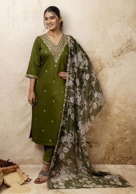 Mehendi Green Embroidered Viscose Salwar Kameez With Dupatta