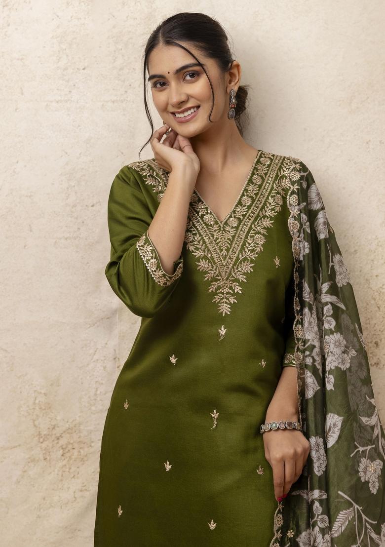 Mehendi Green Embroidered Viscose Salwar Kameez With Dupatta