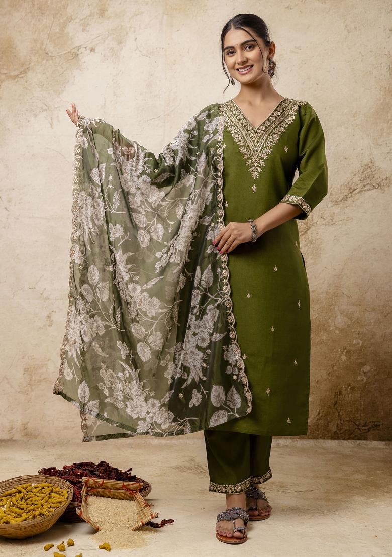 Mehendi Green Embroidered Viscose Salwar Kameez With Dupatta
