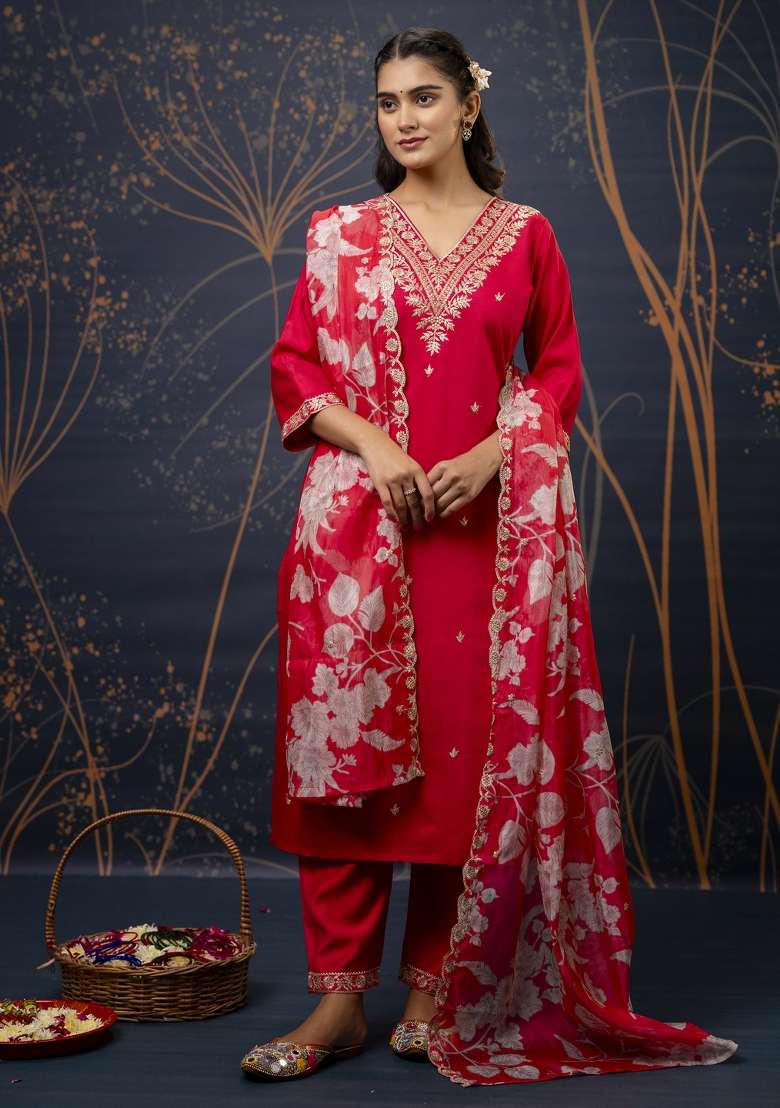 Pink Embroidered Viscose Straight Kurta Set - Indya