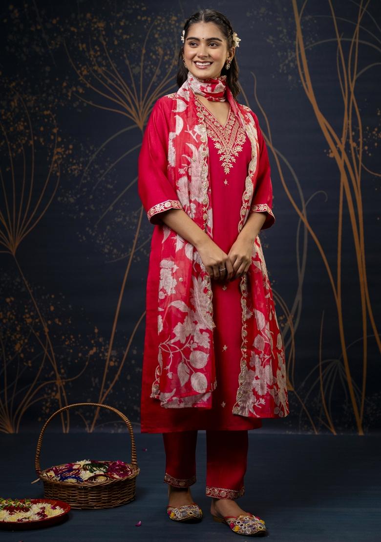 Pink Embroidered Viscose Salwar Kameez With Dupatta
