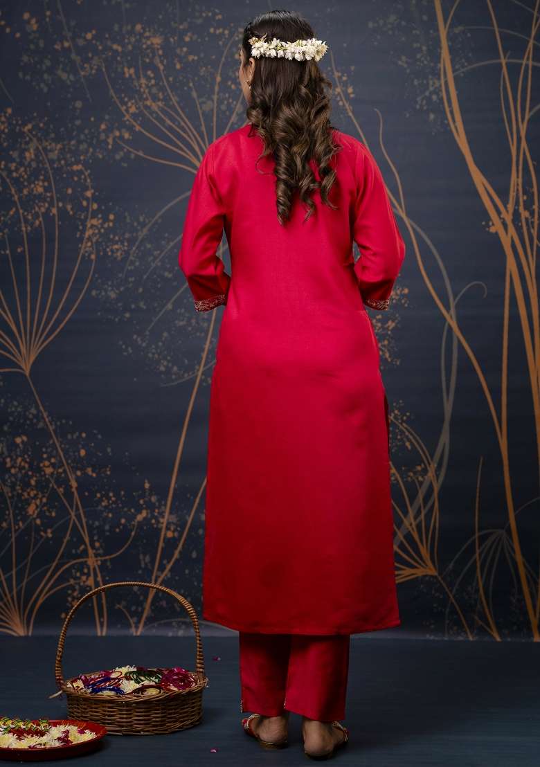 Pink Embroidered Viscose Straight Kurta Set - Indya