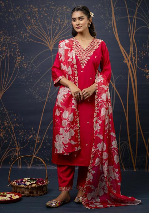 Pink Embroidered Viscose Salwar Kameez With Dupatta