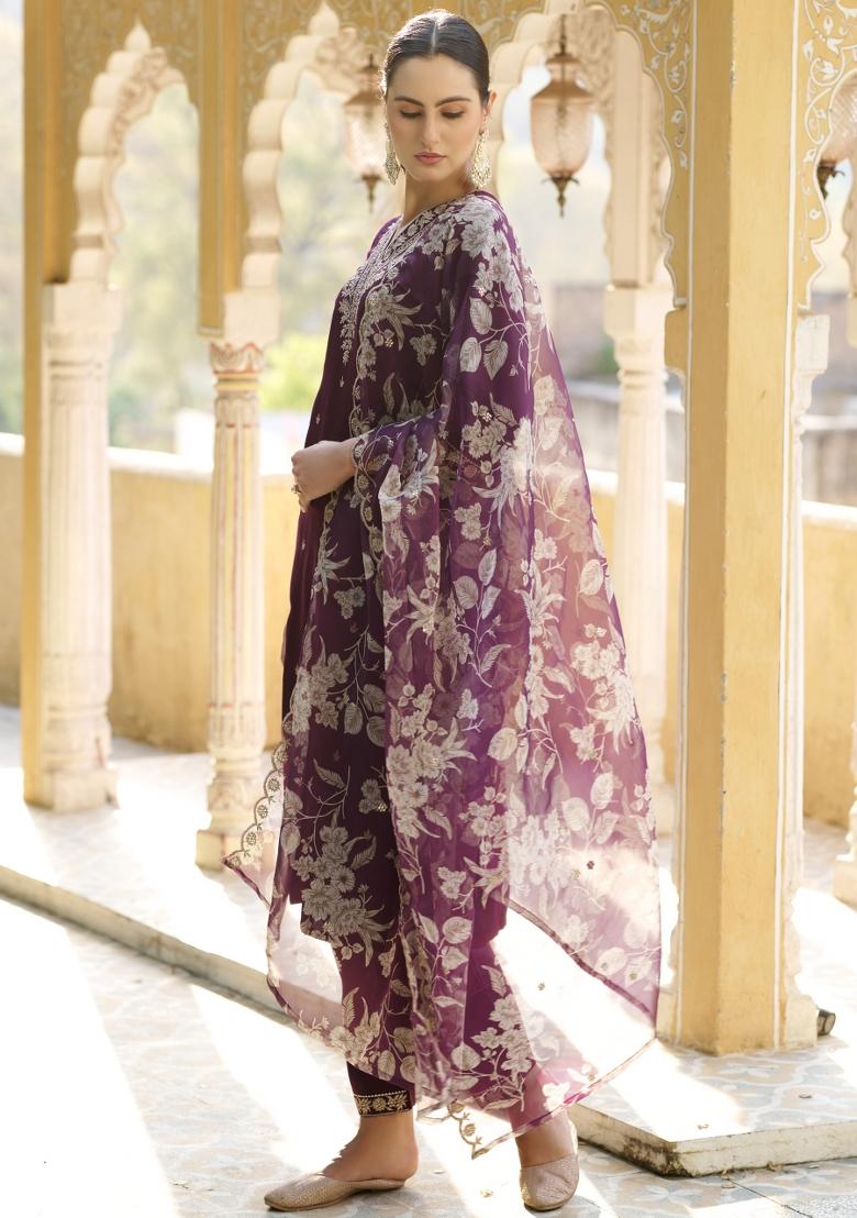 Purple Embroidered Viscose Salwar Kameez With Dupatta
