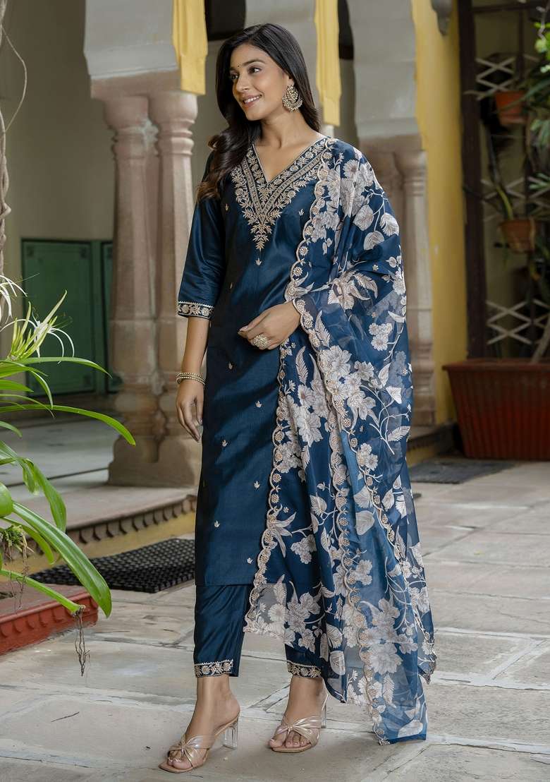 Teal Blue Embroidered Viscose Straight Kurta Set - Indya