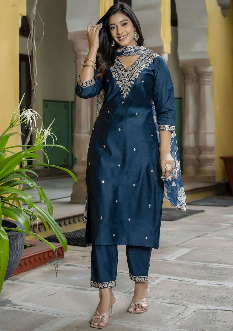 Teal Blue Embroidered Viscose Straight Kurta Set - Indya