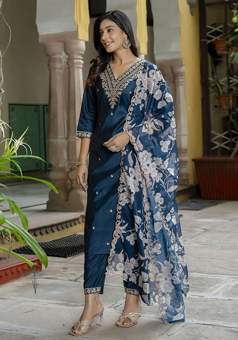 Teal Blue Embroidered Viscose Salwar Kameez With Dupatta
