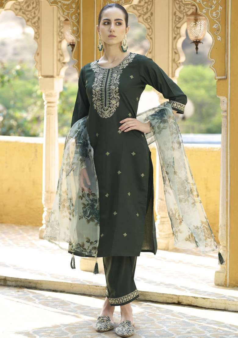 Green Embroidered Viscose Straight Kurta Set - Indya