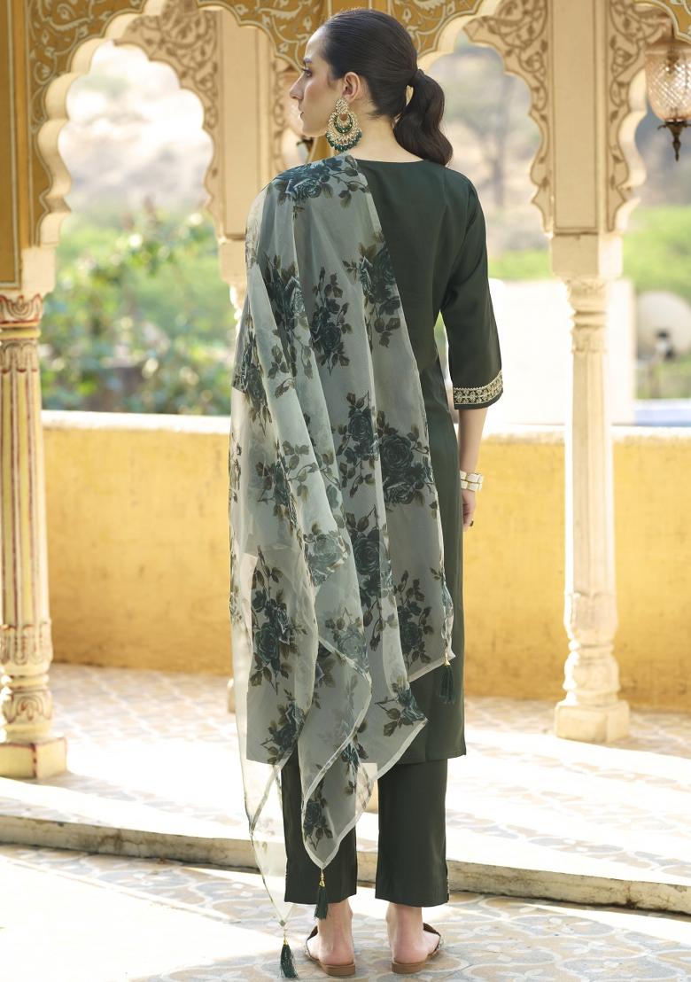 Green Embroidered Viscose Salwar Kameez With Dupatta