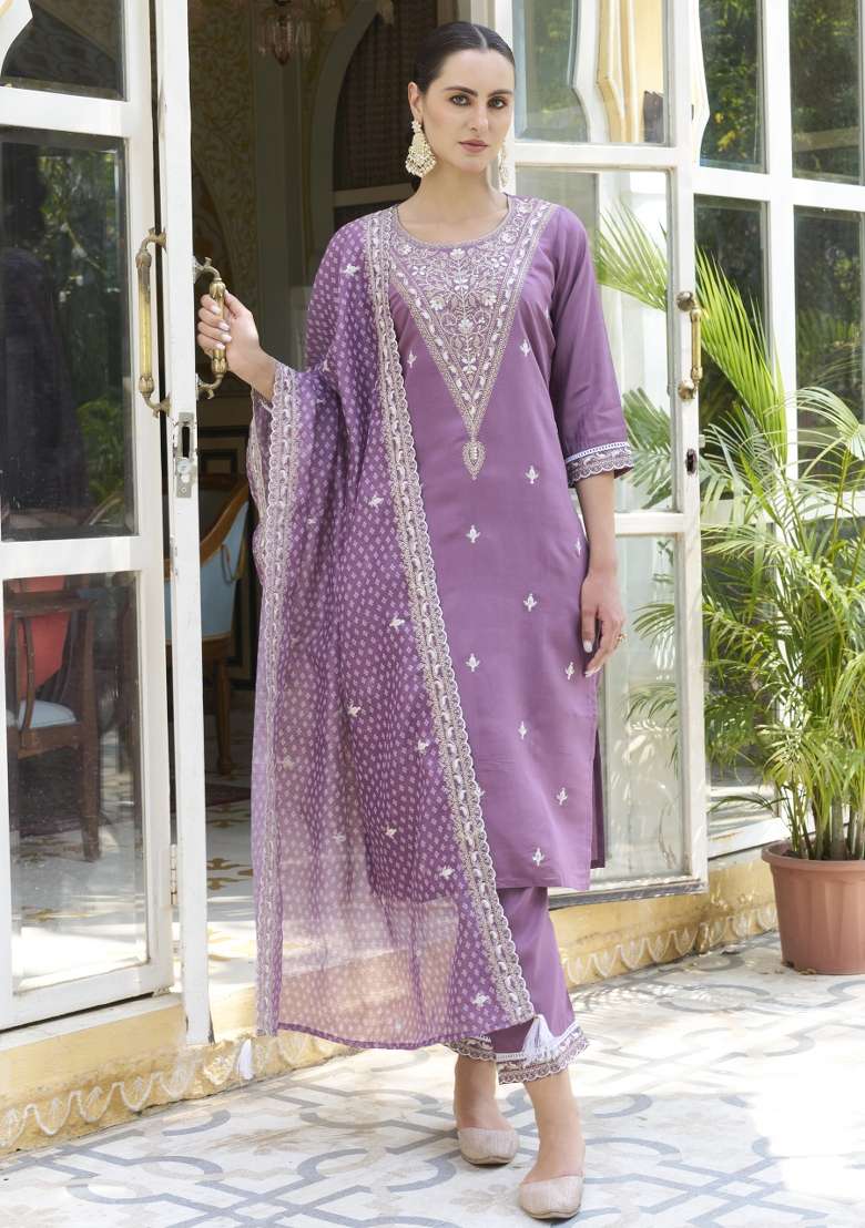 Lavender Embroidered Silk Blend Straight Kurta Set - Indya
