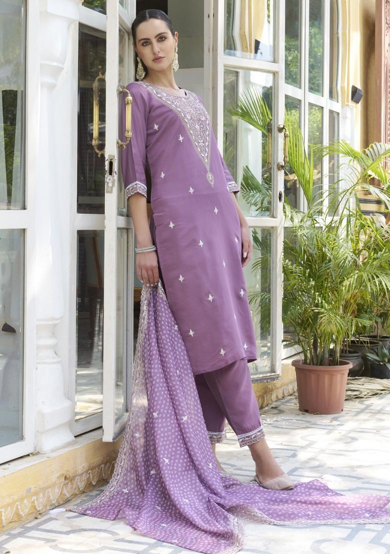 Lavender Embroidered Silk Blend Salwar Kameez With Dupatta