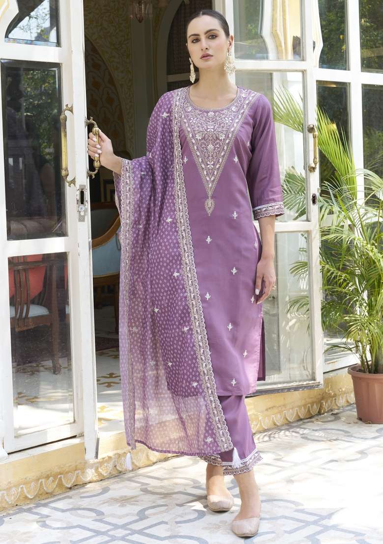 Lavender Embroidered Silk Blend Straight Kurta Set - Indya