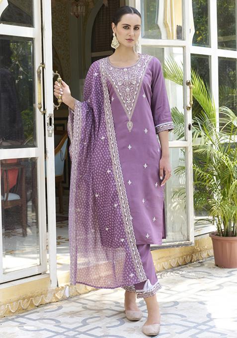 Lavender Embroidered Silk Blend Salwar Kameez With Dupatta
