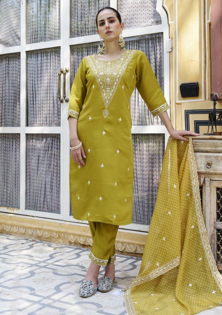 Lemon Yellow Embroidered Silk Blend Salwar Kameez With Dupatta