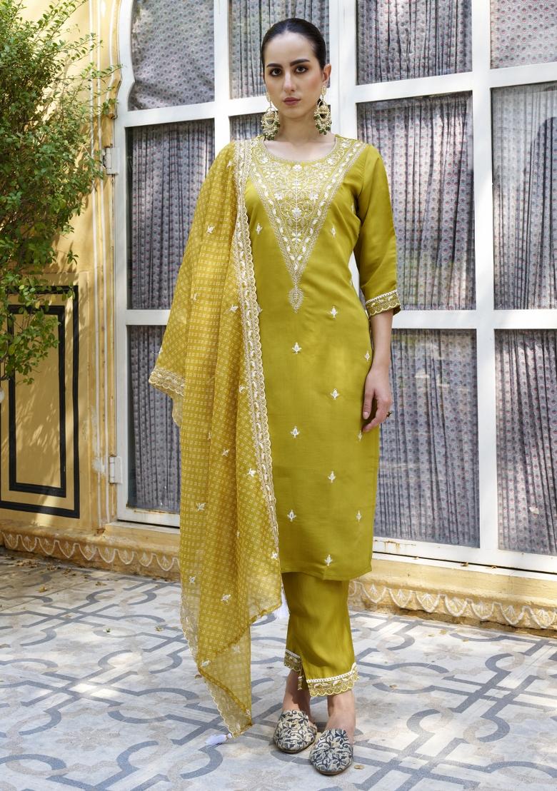 Lemon Yellow Embroidered Silk Blend Salwar Kameez With Dupatta