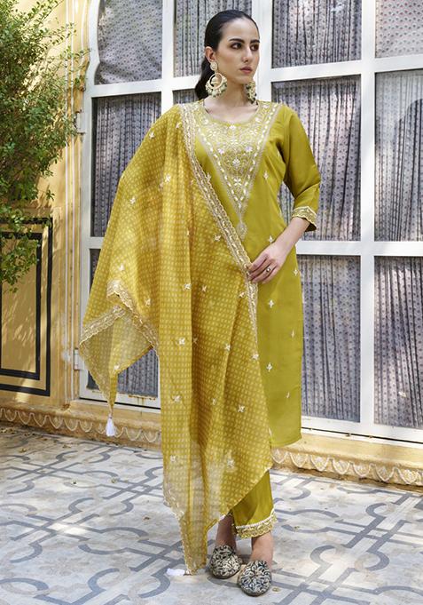 Lemon Yellow Embroidered Silk Blend Salwar Kameez With Dupatta
