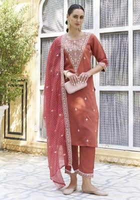 Peach Embroidered Silk Blend Salwar Kameez With Dupatta