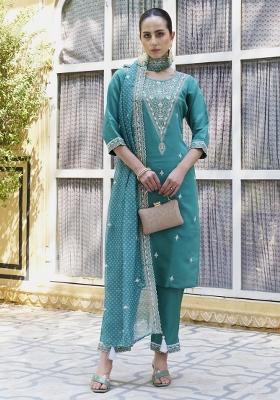 Teal Blue Embroidered Silk Blend Salwar Kameez With Dupatta