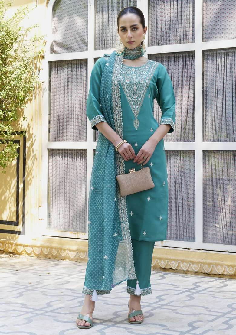 Teal Blue Embroidered Silk Blend Pakistani Suit Set - Indya