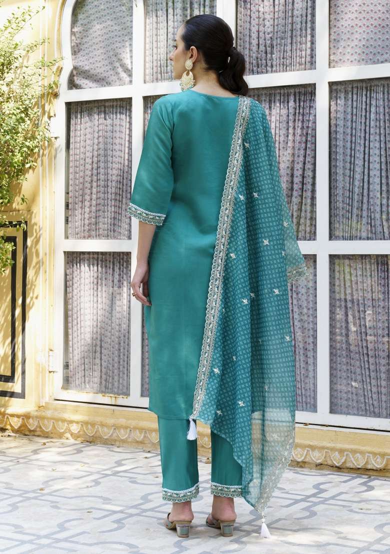 Teal Blue Embroidered Silk Blend Pakistani Suit Set - Indya