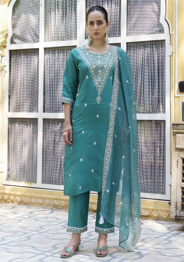 Teal Blue Embroidered Silk Blend Salwar Kameez With Dupatta
