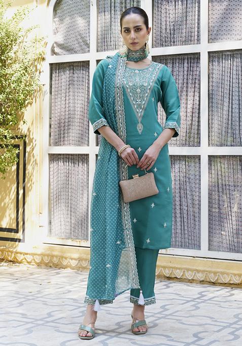Teal Blue Embroidered Silk Blend Salwar Kameez With Dupatta