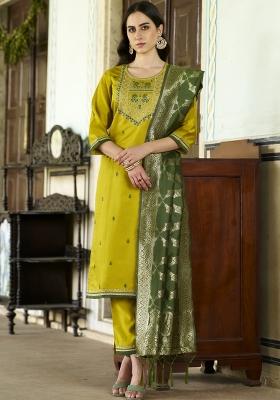 Lemon Yellow Embroidered Viscose Salwar Kameez With Dupatta