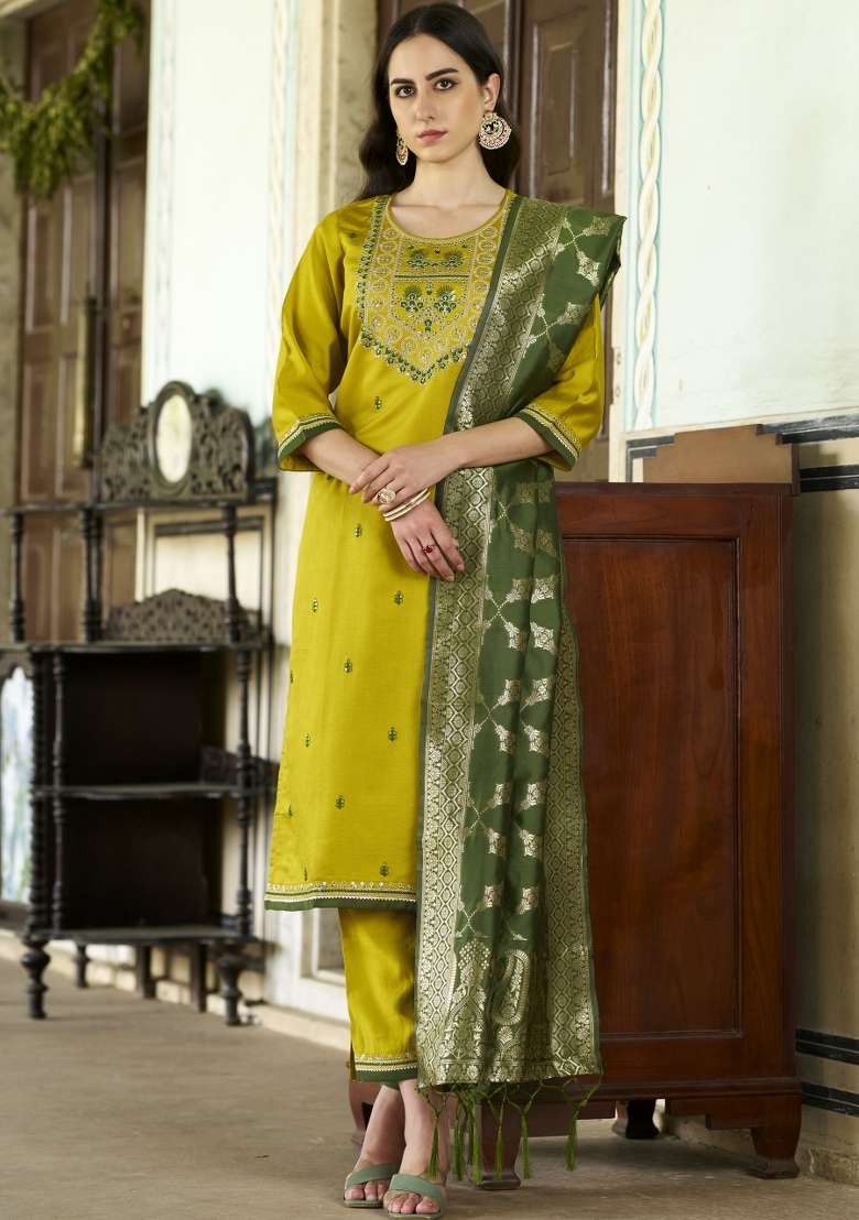 Lemon Yellow Embroidered Viscose Straight Kurta Set - Indya