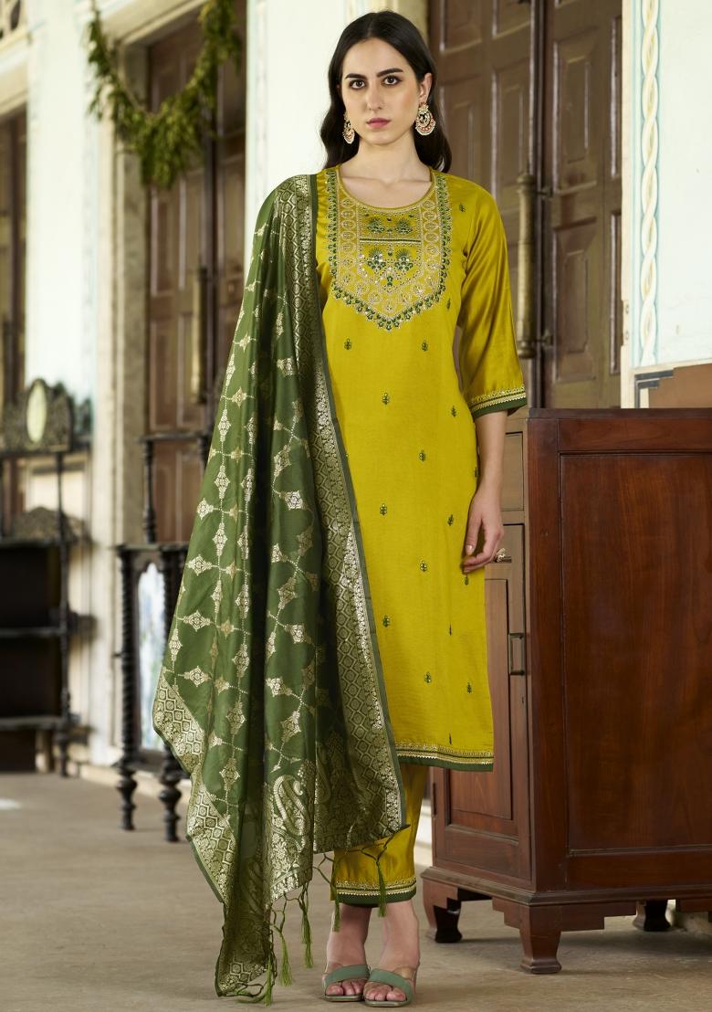 Lemon Yellow Embroidered Viscose Salwar Kameez With Dupatta