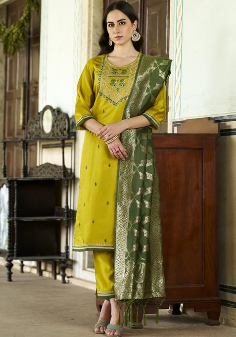 Lemon Yellow Embroidered Viscose Salwar Kameez With Dupatta