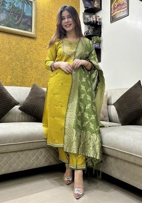 Lemon Yellow Embroidered Viscose Salwar Kameez With Dupatta