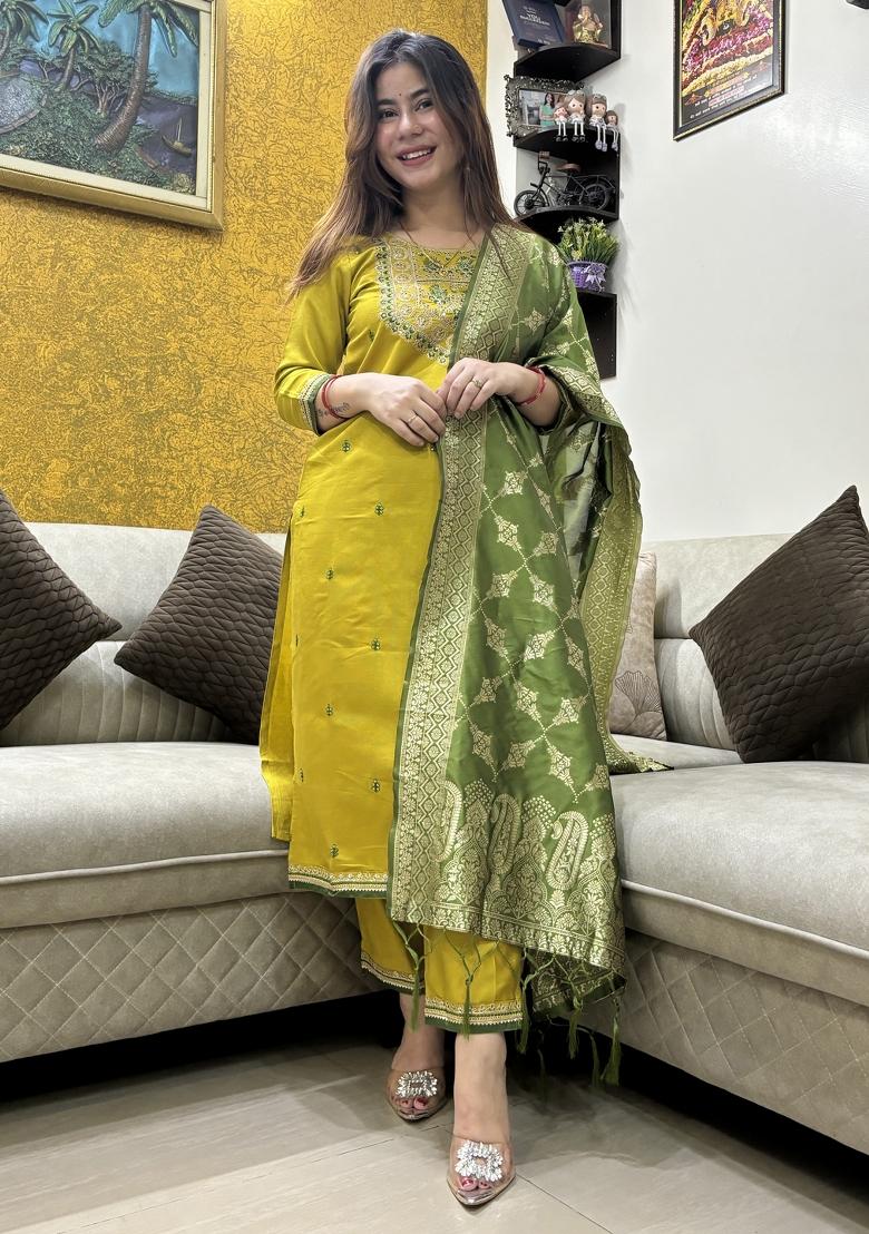Lemon Yellow Embroidered Viscose Salwar Kameez With Dupatta